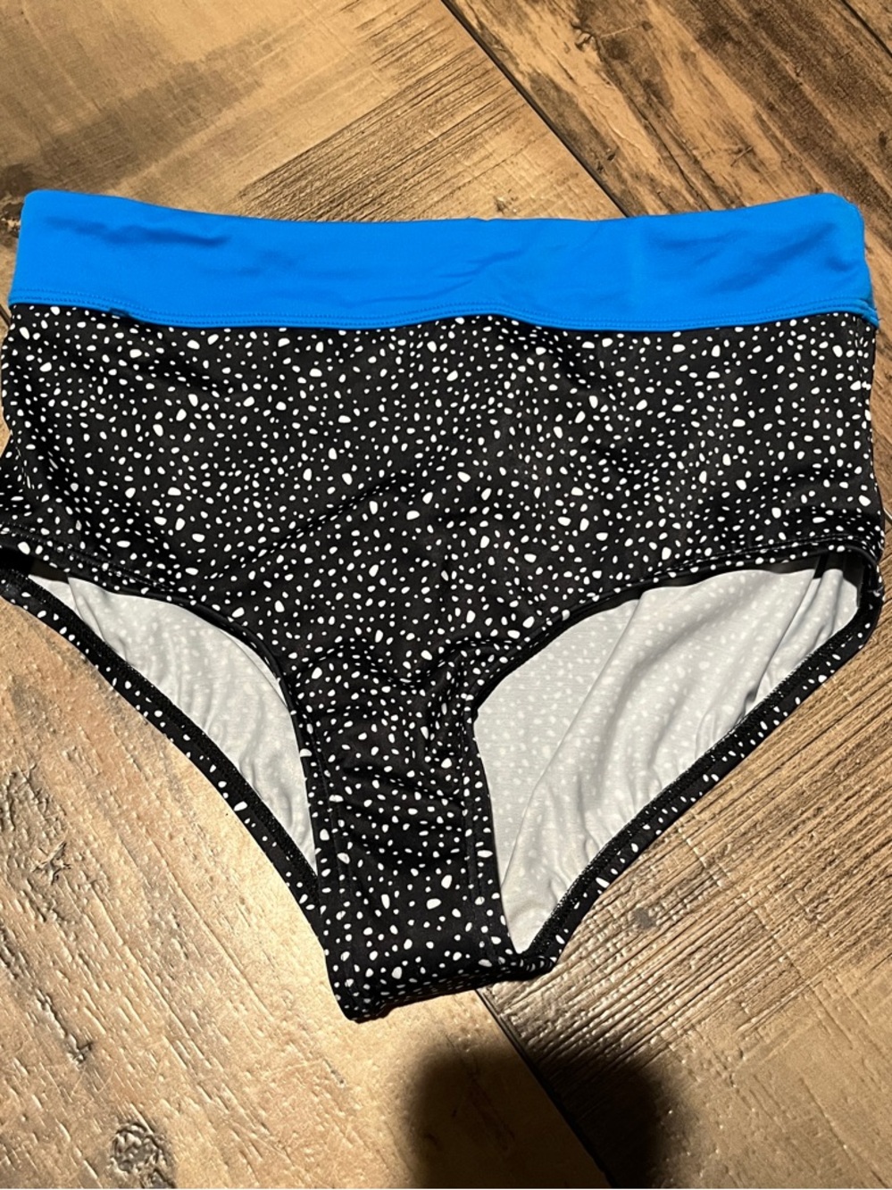 NIKE NEW Black & White Dot High-Waist Bikini Bottom with Blue Waistband